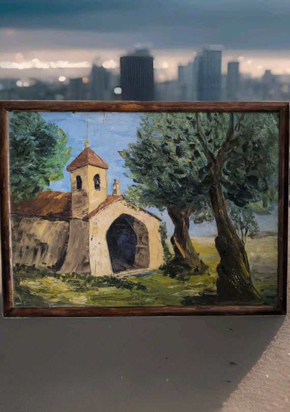 Unsigned oil on canvas "View of a countryside landscape with church" framed large format French school