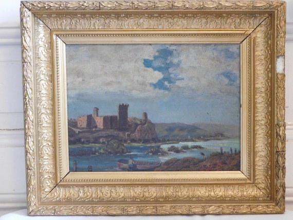C.GUILLIN (XIX) "Fortress river boat and fisherman" Oil on canvas 1886 stucco frame French school