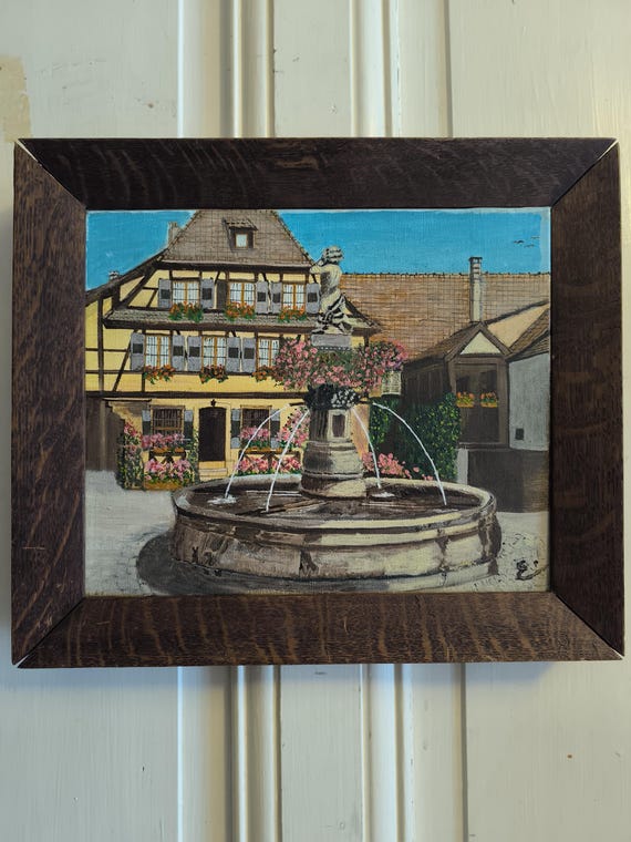 Painting by Elie Chenevier "Fountain of Alsace" oil on canvas, French school