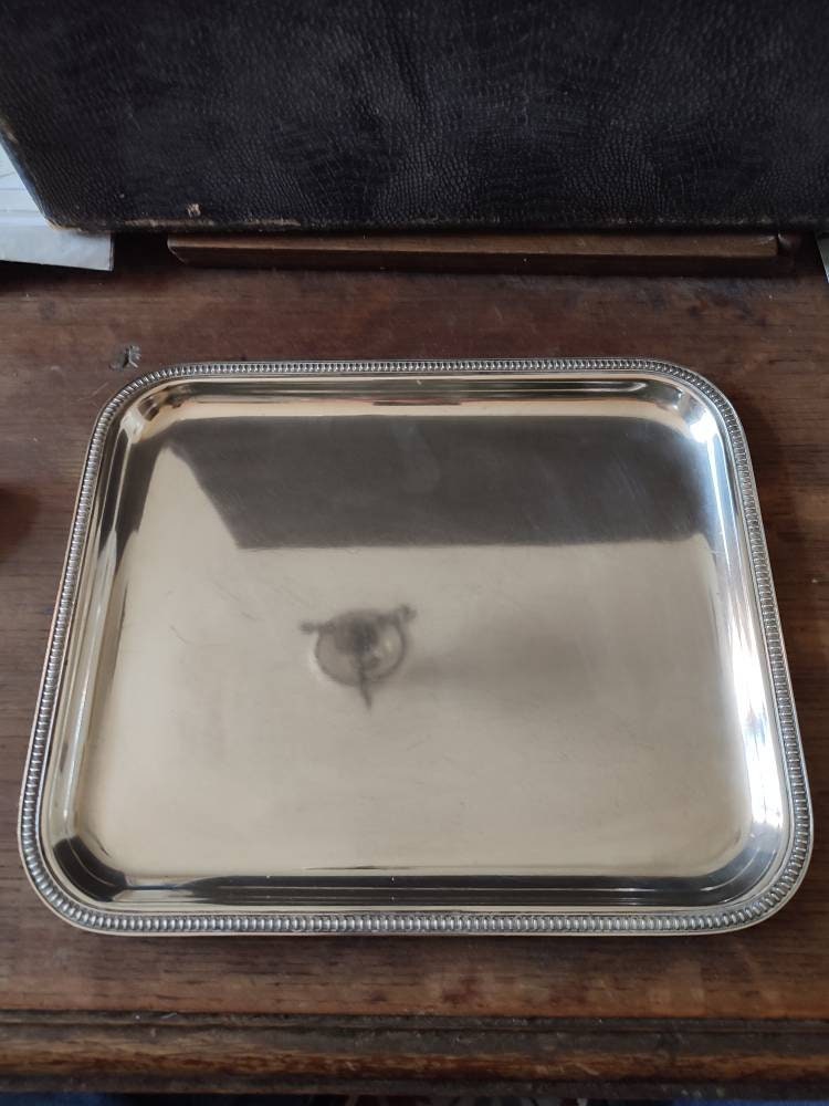 Roux Marquiand Petit Plateau Porte Courrier Métal Argenté Décor de Rang Godronné