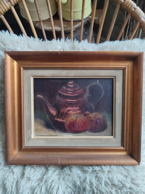 Oil on anonymous canvas "Still life with teapot and apples" gilded wood frame French school
