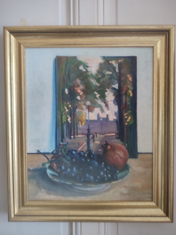 Fernand PROUST (20th century) oil on hardboard "Still life with grapes and paint" October 1969 French realist school framed