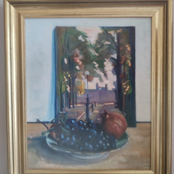 Fernand PROUST (XXème) huile sur isorel "Nature morte aux raisins et peinture " octobre 1969 école réaliste française encadrée