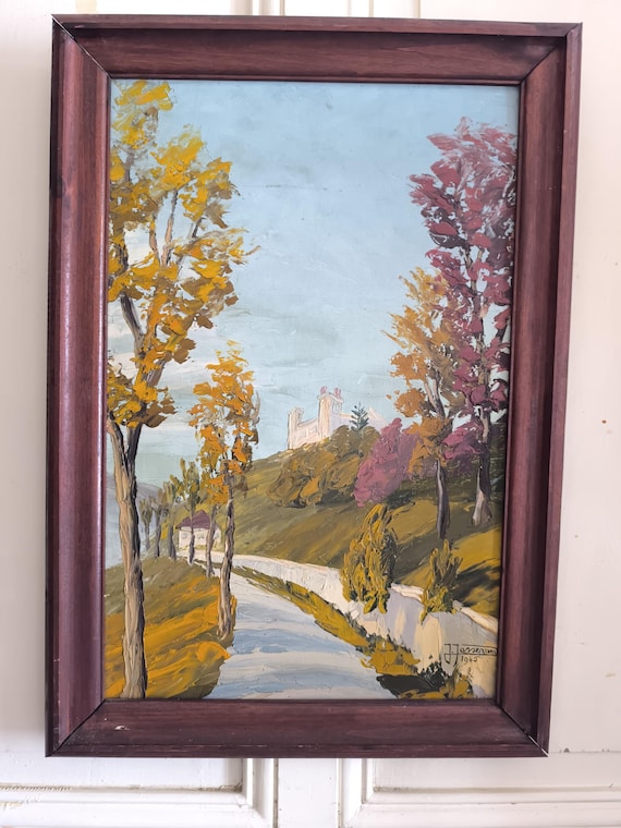 "A Dauphiné martyr of the Gestapo, the Château de Murinais," oil on hardboard dated 1945 by J. Jasserand, French school
