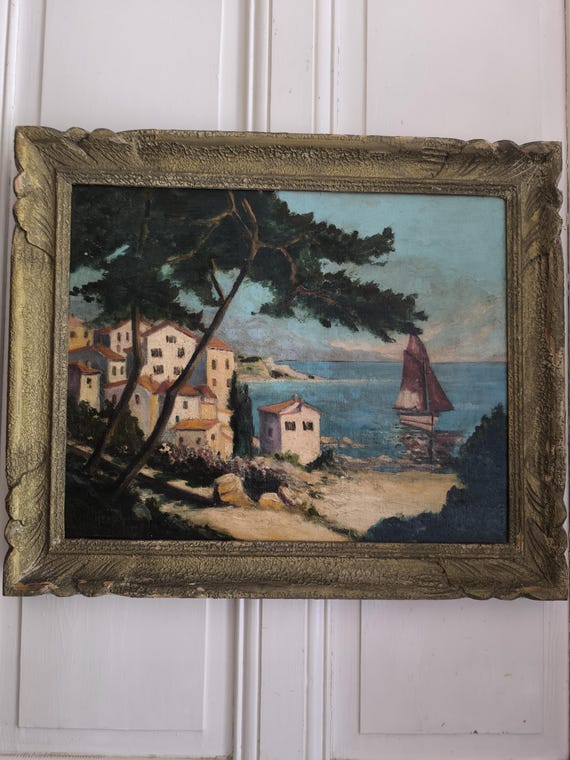 Henry GUILLOT (20th century) oil on marine canvas "Coastal village" gilded stucco frame French school