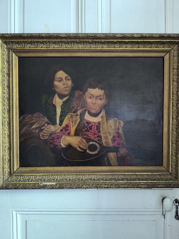 DUBON oil on canvas "portrait of a mandolin player" French or Flemish school gilded stucco frame