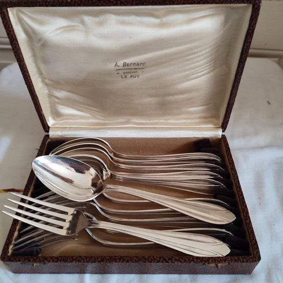 Goldsmith DIXI case six forks six table spoons in silver metal modern decor French goldsmithery