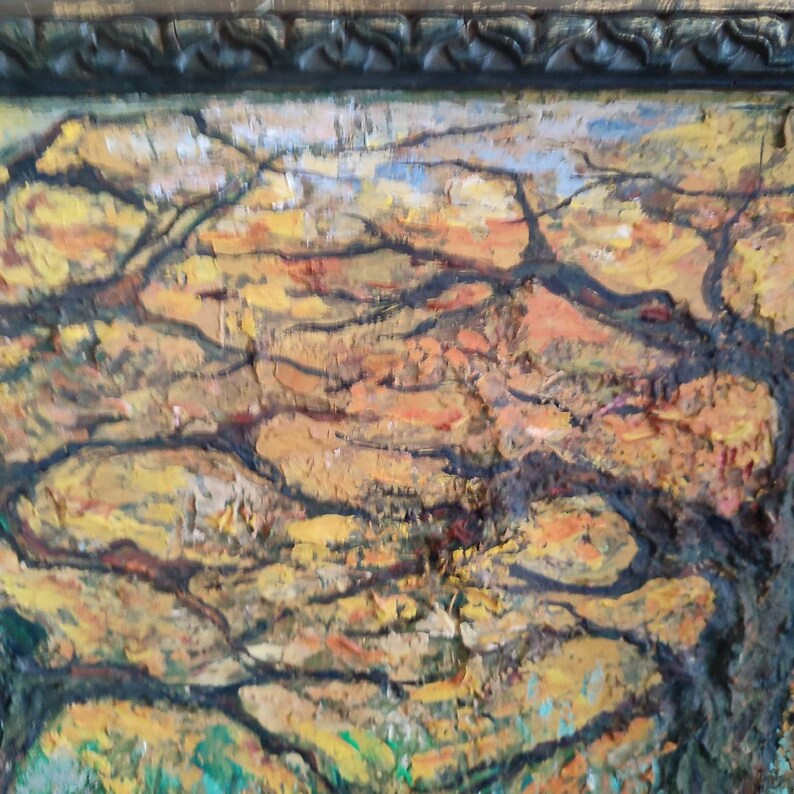 May include: Abstract painting of a tree with thick black branches against a background of yellow, orange, and brown hues. The painting has a textured surface and appears to be done with oil paints.