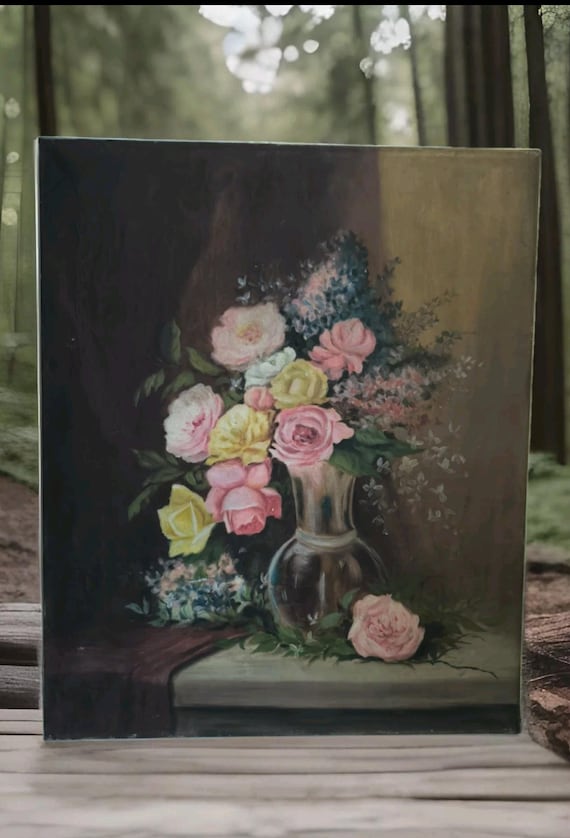 Unsigned still life oil on canvas large format "Bouquet of roses and other flowers" French school