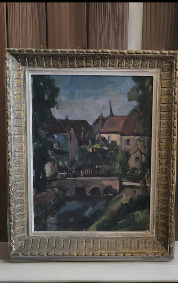MIELLER (20th century) oil on hardboard "View of Oberlinxweiler Saar" dated 1943 Montparnasse frame 62 x 78 cm