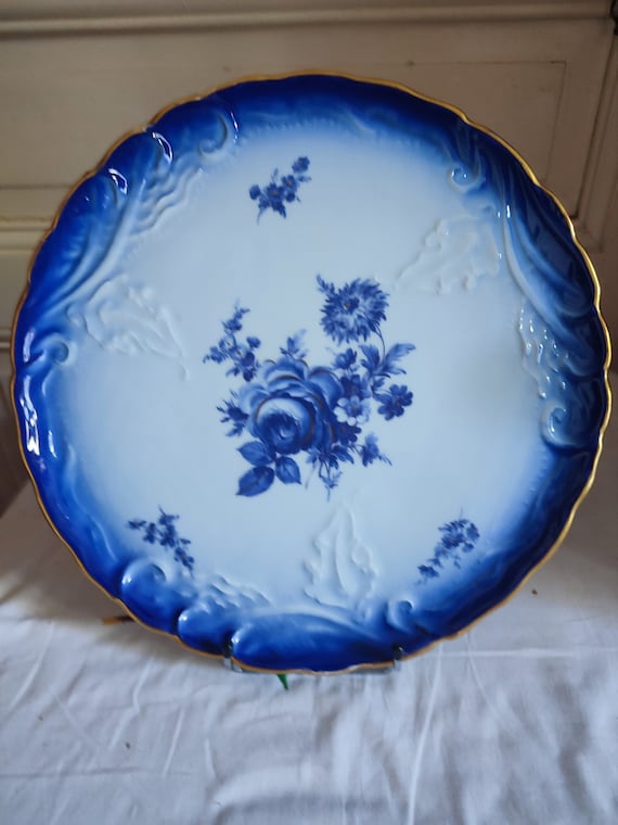 Tharaud Limoges porcelain blue cake dish with flowers including roses