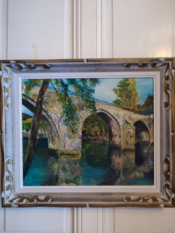 ALAIN oil on hardboard panel "Landscape at the old bridge" French school 20th century pretty Montparnasse frame