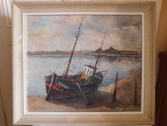 WATTIEZ (20th century) oil on canvas "Boat at anchor and fishing village"