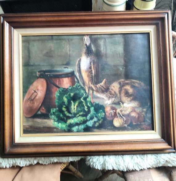 C GIRARD oil on canvas still life "Return from hunting game cat cabbage onion and cauldron" dated 1923 French school