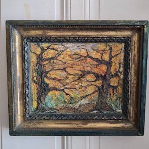 May include: A framed oil painting depicting a forest scene with two trees in the foreground and a background of yellow, orange, and green foliage.