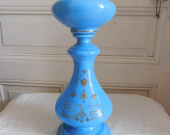 Blue opaline oil lamp with gold enamel decoration, H G Paris, electrified