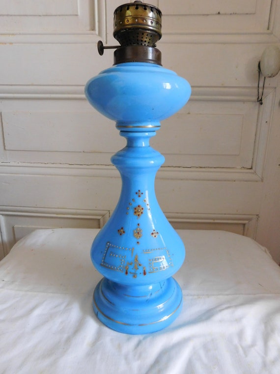 Opaline kerosene lamp blue decoration gold enamelled H G Paris electrified