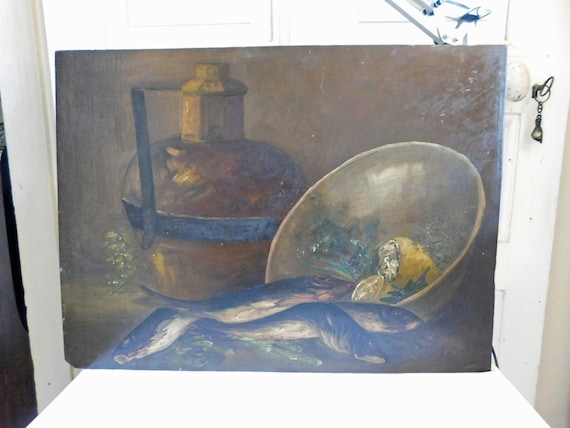 A G HEINS "Still life with fish, copper jar, lemons and spices" oil on panel