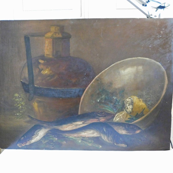 A G HEINS "Nature morte au poisson jarre en cuivre citrons et épices " huile sur panneau