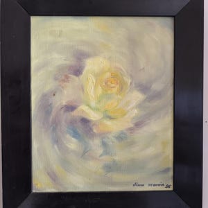 Eliane MEUNIER (XXème) huile sur carton nature morte "Rose jaune" datée 1956