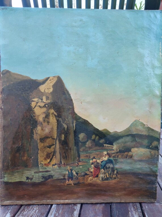 Anonymous oil on canvas "Landscape in the Italian style shepherds and herd at the river" to be restored