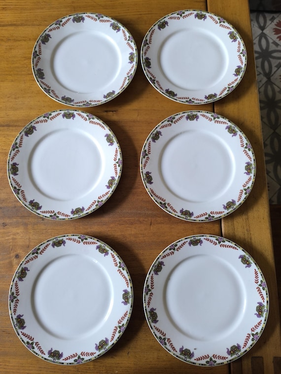 Six small Limoges Balleroy & Cie France dinner plates - Fruit Baskets and Foliage design - Art Deco style, French porcelain