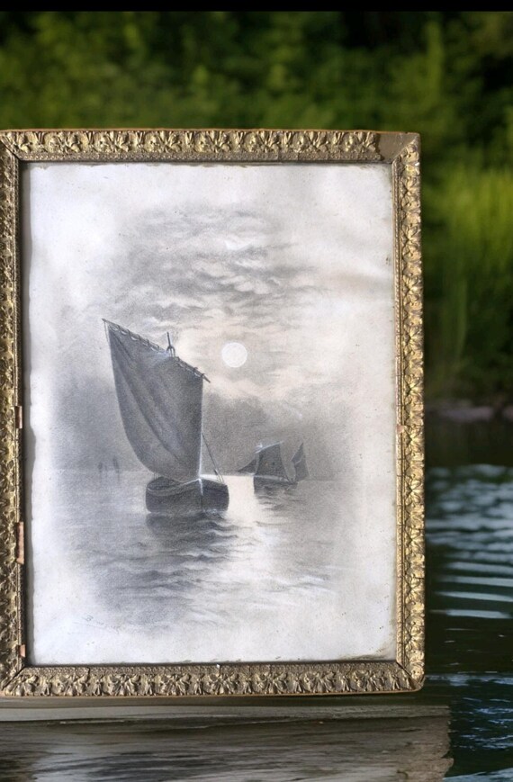 Marine charcoal drawing? signed BOURGUET "Sailing boats" framed under glass French school