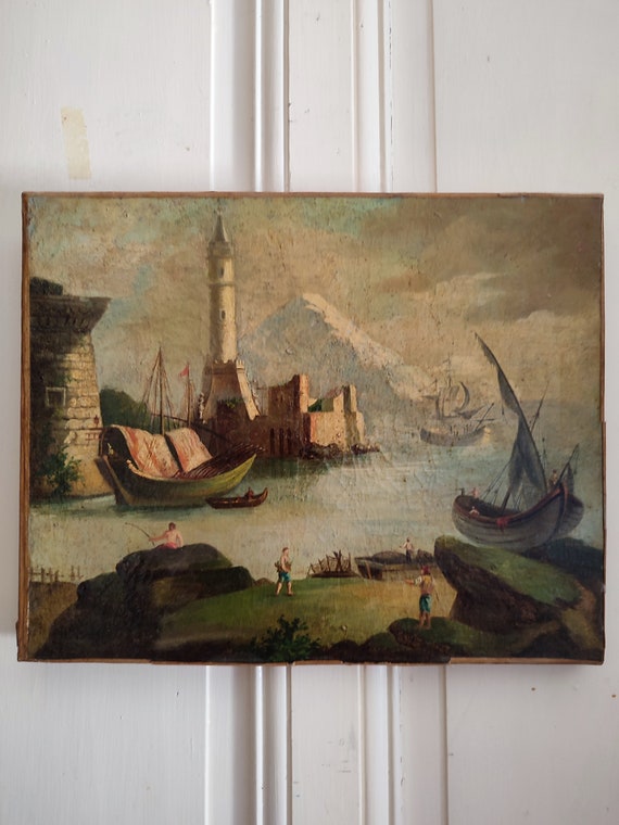 Marine oil on canvas "Dutch sailing ships and sailors in port" unsigned
