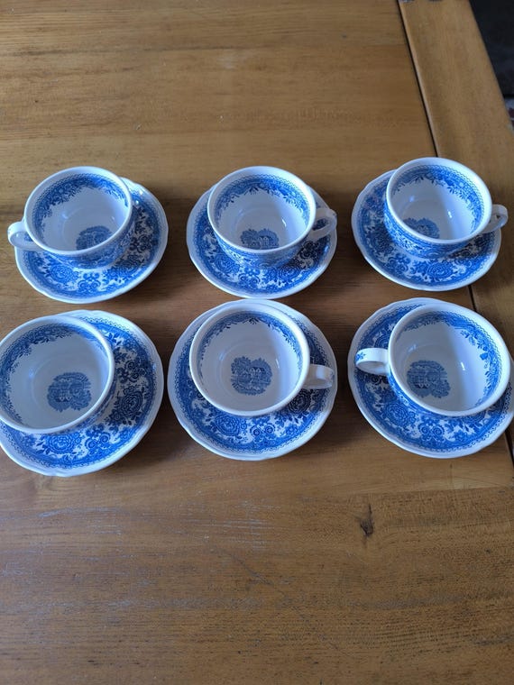 Villeroy & Boch set of six earthenware teacups and saucers Burgenland blue service