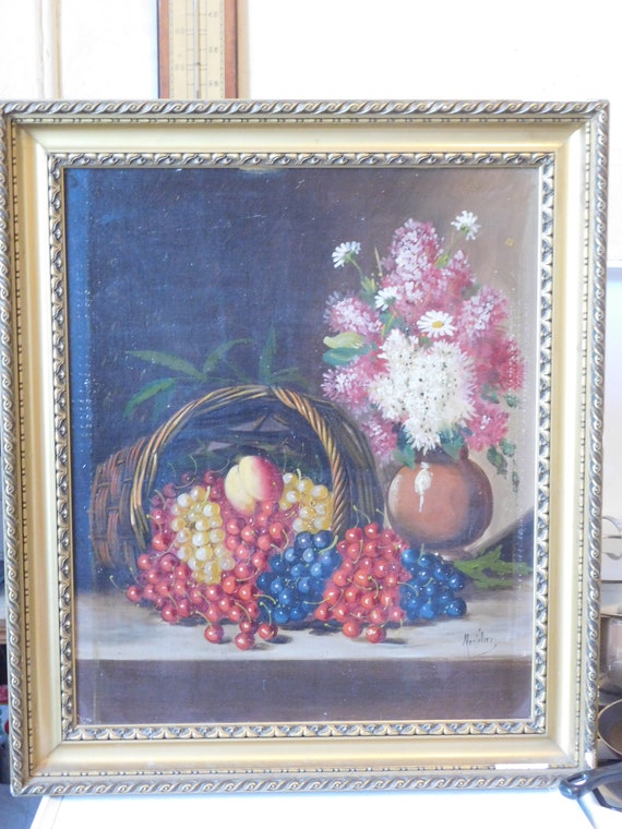 MORTELAZ (19th-20th century) large format oil on canvas still life with grapes, cherries, peaches and a bouquet of flowers