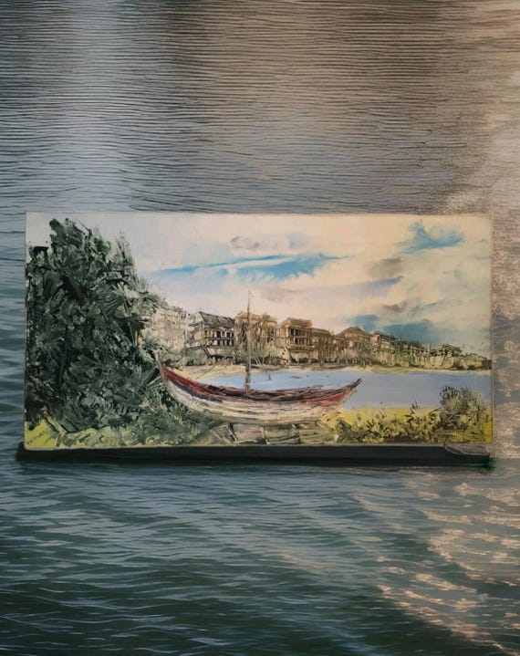 FEZTTIK oil on canvas "Lake landscape and boats" marine dated 1966 large format