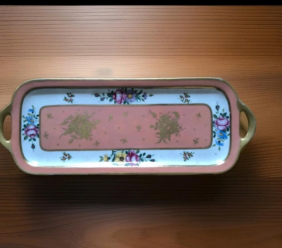 Vintage Cambet Lyon Porcelain Cake Plate, Hand-Painted with Pink and Gold Flowers - Retro Elegance