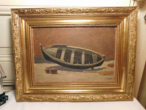 Victor BARJON (1875-1920) "stranded boat" oil on panel gilt frame French school