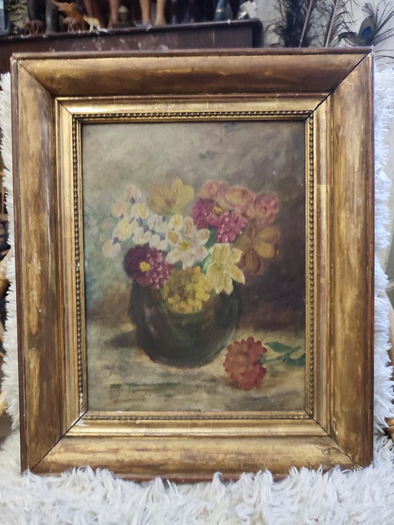 Oil on cardboard signed "Still life with bouquet of flowers" gilded wooden frame dated 1936 French school