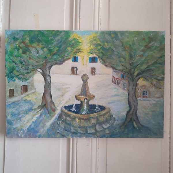 Olieverf op doek anoniem "Gezicht op een dorpsplein bij de fontein"