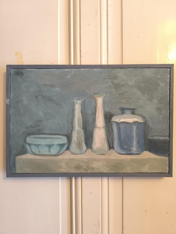 Oil painting on canvas by Mireille Besson (1931-2023), "Still Life with Vases and Bowl," French school, framed