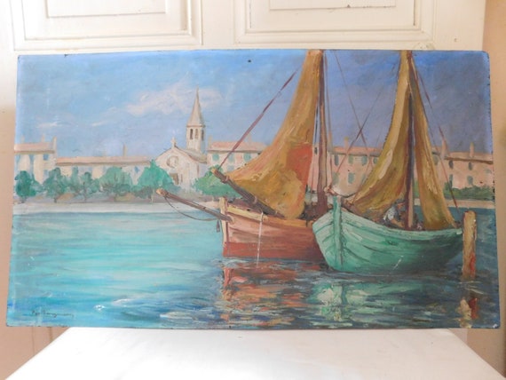 Paul DANGMANN (1899-1974) "Moored boats" large oil on panel 1950