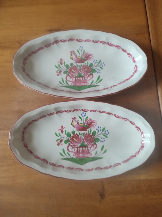 Set of two St Clément earthenware bowls, Chanteclerc model, rooster decoration, flower basket number 2