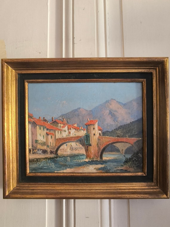 Oil on panel "Old bridge of Sospel" framed Eugène Delahogue? 22 x 37 cm