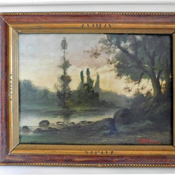 C.CHAMP (XXème) " Paysage de rivière" huile sur carton épais encadrée  école française