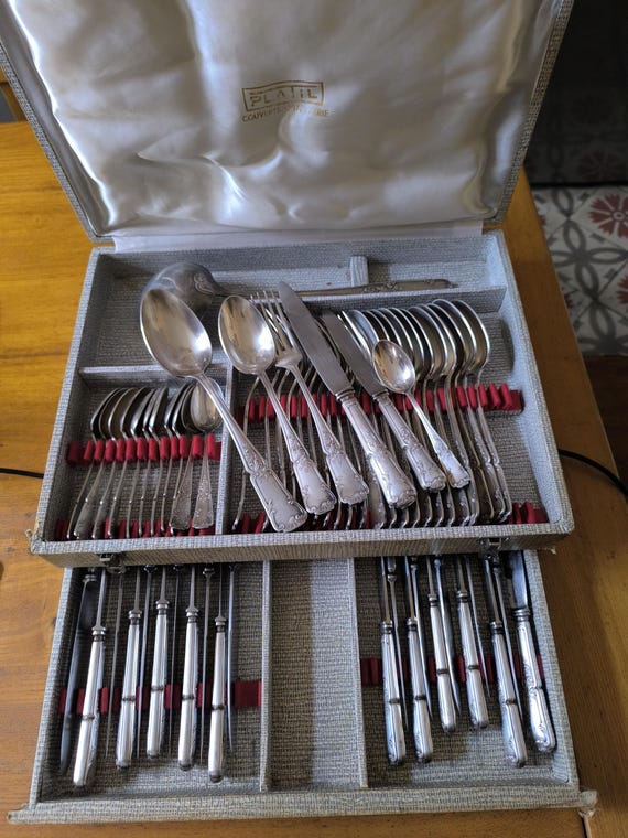 PLATIL 62-piece silver-plated art nouveau cutlery set 24 knives 12 forks 12 +12 spoons ladle stew spoon French cutlery