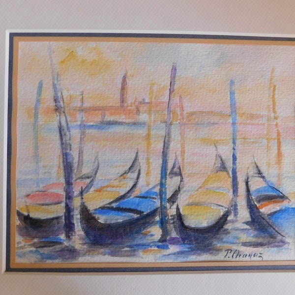 P. CHANOZ  (XXème) "Vue de gondoles à Venise " aquarelle encadrée sous verre école française