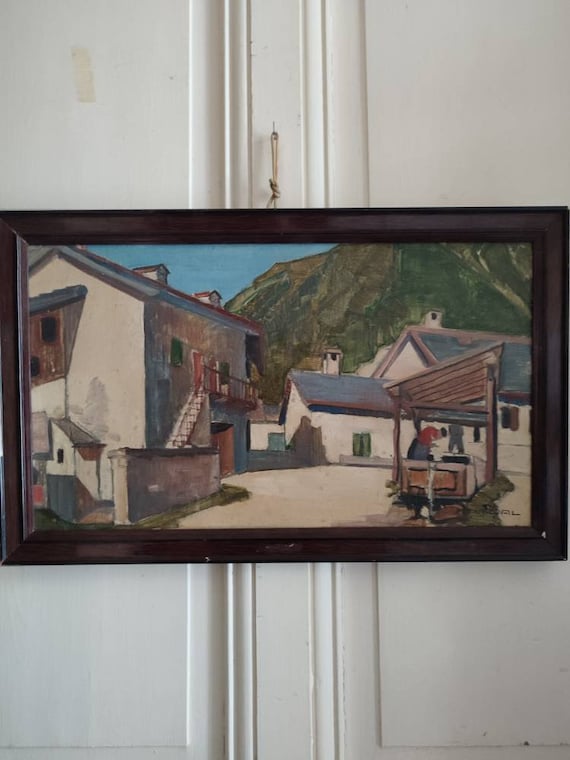 P. NADAL (20th) Mountain landscape oil on cardboard framed animated
