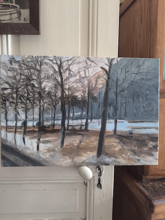 Oil on canvas signed Mireille BESSON (1932- ) "Tree-lined Avenue" winter landscape French school