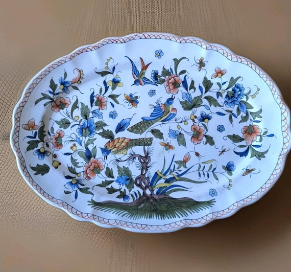 Sinceny Earthenware Dish? signed C Décor Rouen "Bird of Paradise" - Exceptional Handmade French Earthenware Piece