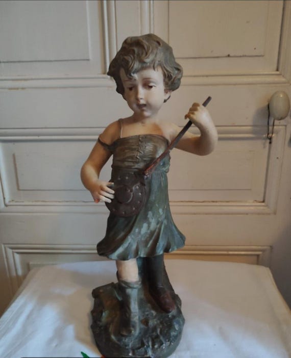 FLEMISH "Children's Games" terracotta statue of a young girl musician with a cart