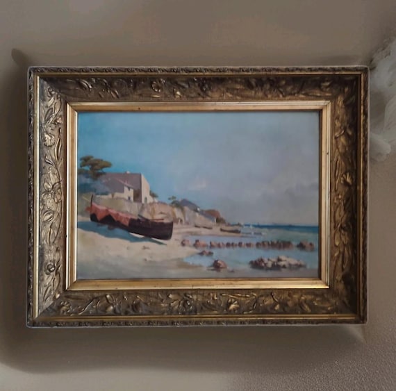 Oil on canvas "Fishing boat at anchor" unsigned pretty gilded stuccoed art nouveau wooden frame