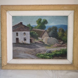 Paysage de campagne ferme et meule de foin" huile sur carton encadrée  anonyme