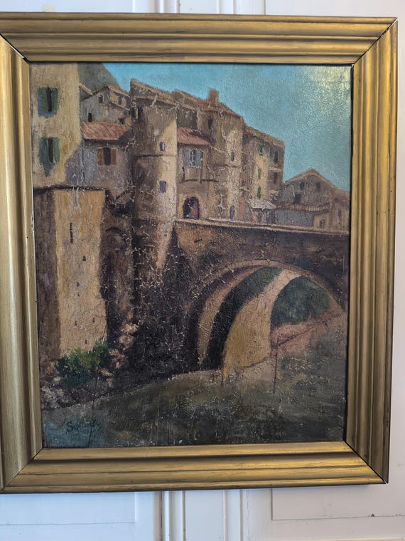 Historic bridge of Entrevaux, Oil on panel signed Senger, picturesque landscape, French painting