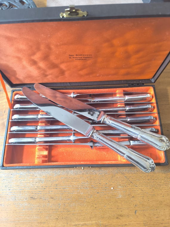 A beautiful set of twelve large Louis XV knives in silver-plated metal with stainless steel blades, presented in a case.